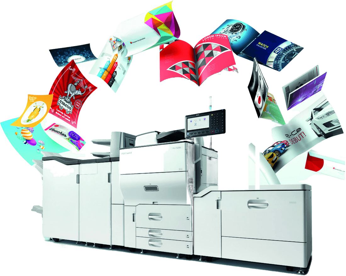 Printing press with flyers, brochures and posters flying out of it